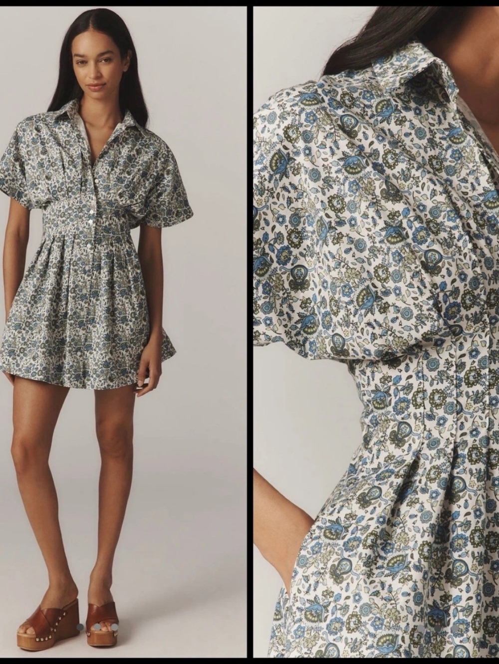 Janice Dress Mini By Exquise Floral Smocked Waist in Blue White Muticolor Large